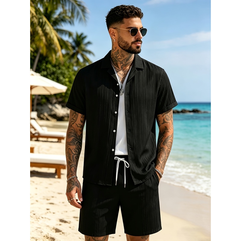 Summer Clothing Us - 2Men's Summer Casual Suit Set，Cuban collar