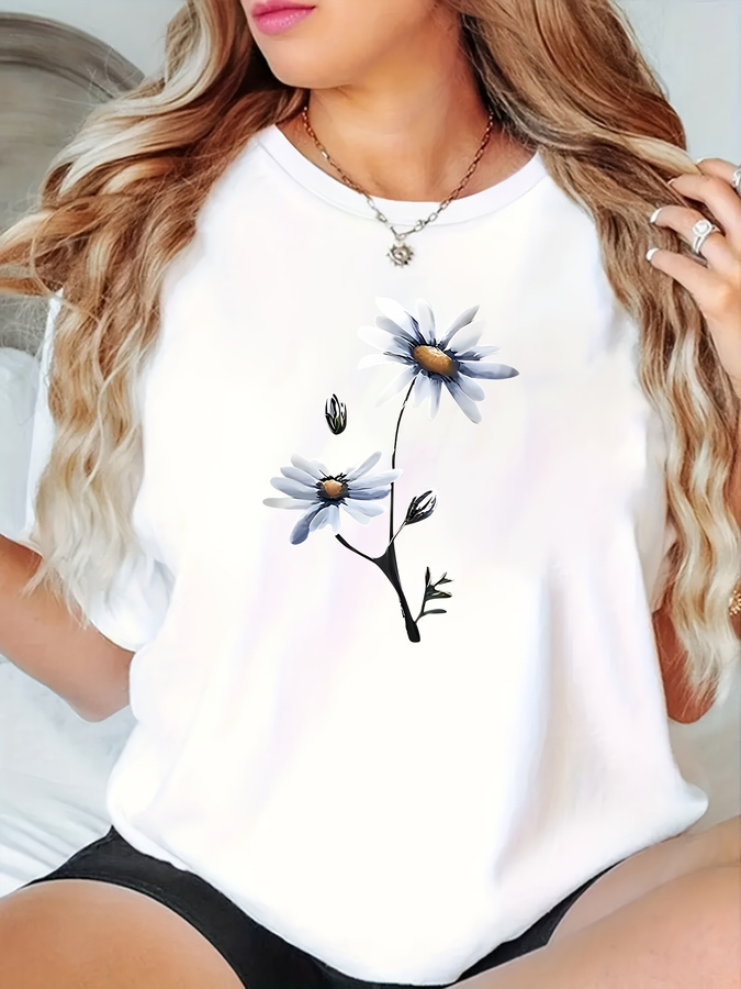 Daisy Flower Print T-shirt Cas - Summer 2025 Clothing Essentials ulasan dan harga
