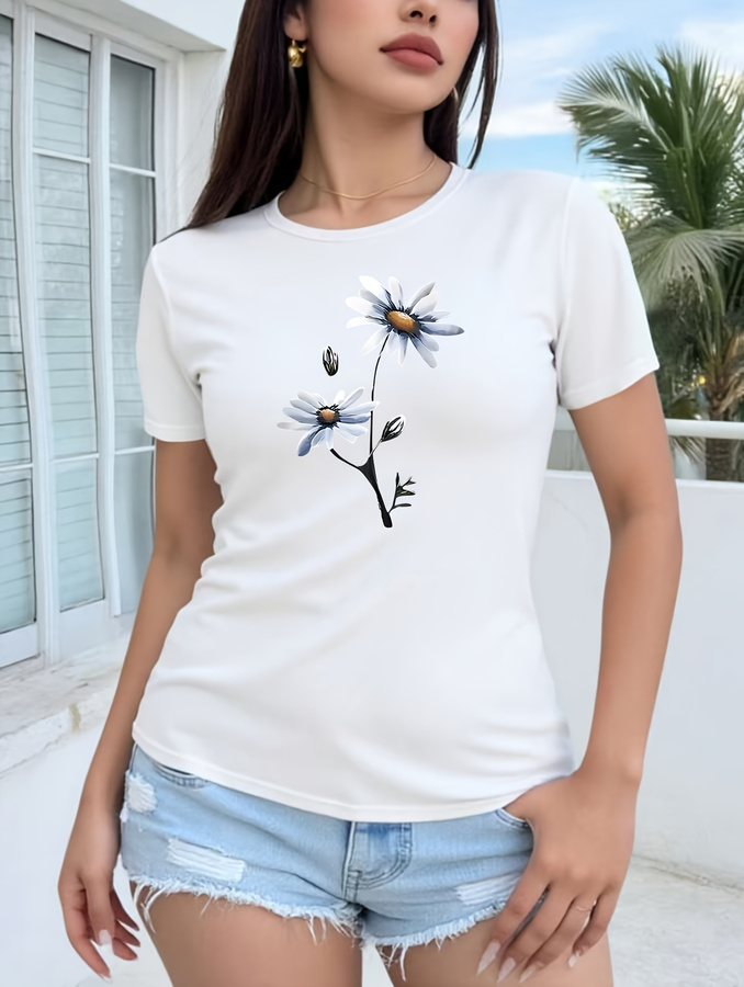 Daisy Flower Print T-shirt Cas - Summer 2025 Clothing Essentials ulasan dan harga