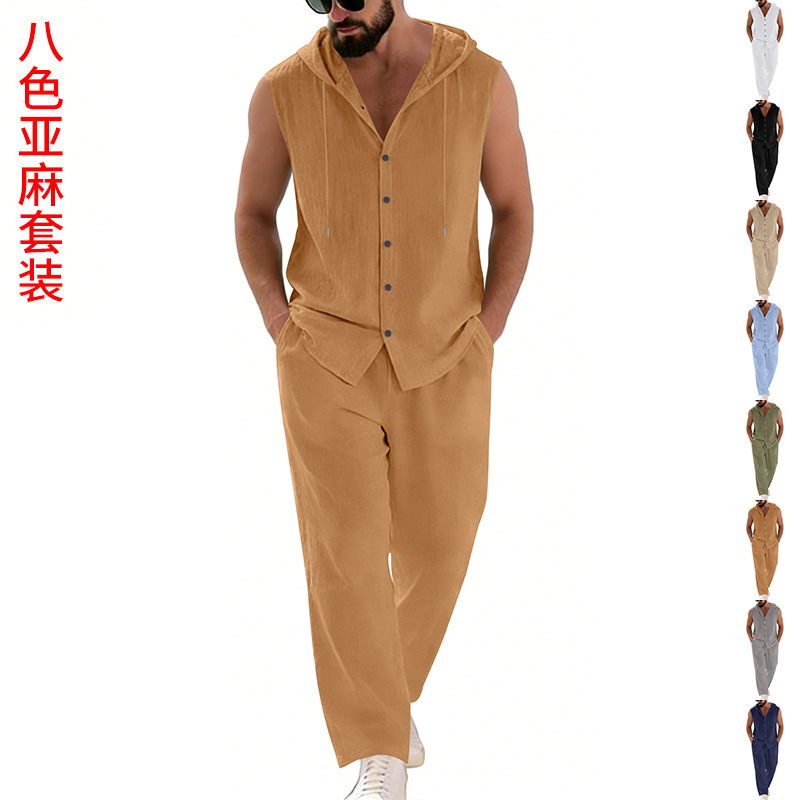 Men's Casual Linen Suit Hooded - Summer Clothing Us ulasan dan harga