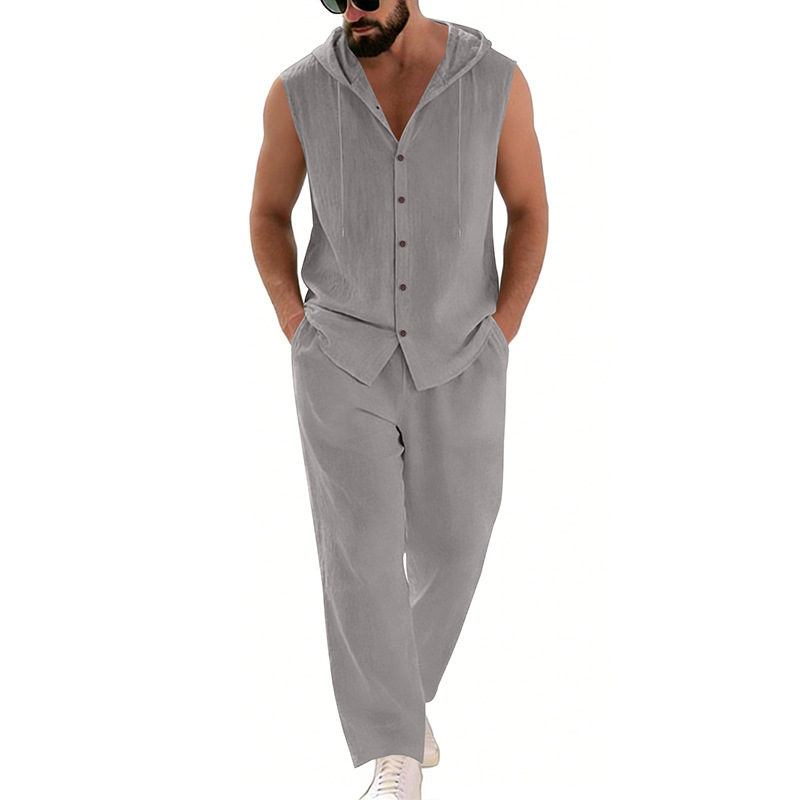Men's Casual Linen Suit Hooded - Summer Clothing Us ulasan dan harga