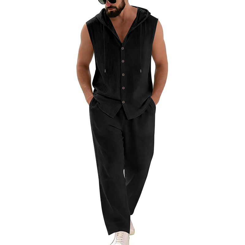Men's Casual Linen Suit Hooded - Summer Clothing Us ulasan dan harga