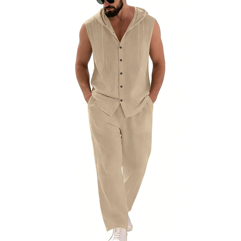 Men's Casual Linen Suit Hooded - Summer Clothing Us ulasan dan harga
